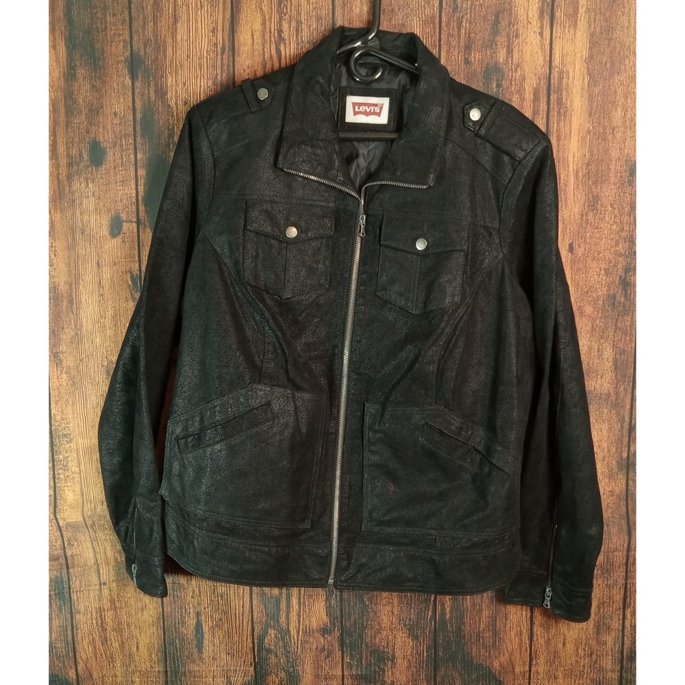 Levis Womens Black Genuine Leather Moto Biker Jacket Size 2XL Full Zip Textured